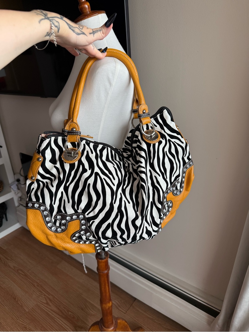 Zebra Print Shoulder Bag with Mustard Trim